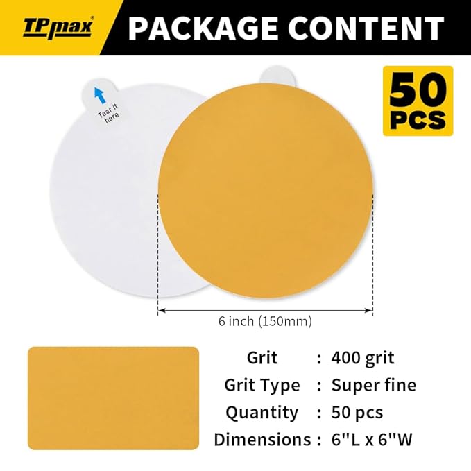 6-Inch 400-Grit Gold PSA Sanding Discs, 50 Pack – Pro-Grade Self-Adhesive Stickyback Sandpaper with Quick-Release Tabs for DA Sander, Superfine Automotive/Wood/Metal Sanding