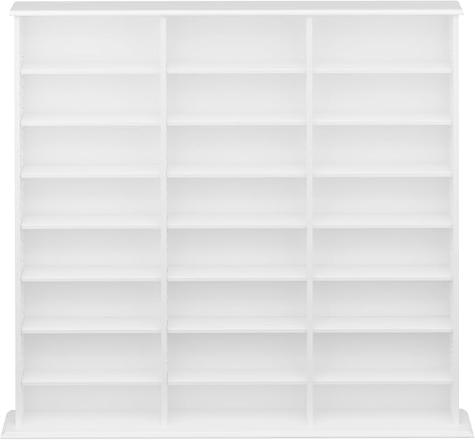 Prepac 3 Column 51" Tall White Display Multimedia Cabinet, Wood Media Storage with Removable Sheves, Modern Multimedia Storage Unit with 21 Adjustable Shelves for Books, DVDs and Collectibles, White