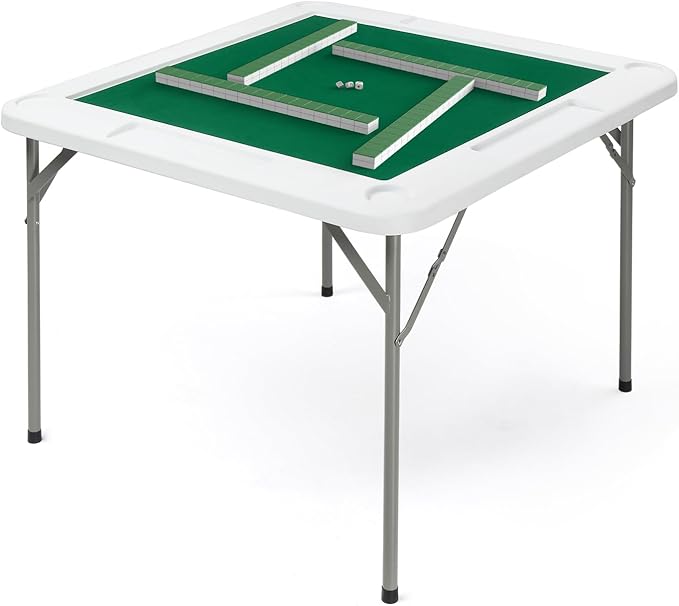 PEXMOR 39.5" Foldable Mahjong Table, Square 4 Player Card Game Table w/Cup Holders & Chip Grooves, Portable Folding Poker Domino Board Game Table for Blackjack, Texas Hold'em, Jigsaw Puzzles Game