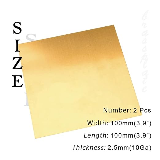 10 Gauge Brass Sheet，H62 Brass Plates Metal 0.098" Thickness x 3.9" Width x 3.9" Lenght, for Models, Crafts, Repairs, Electrical, 2Pcs