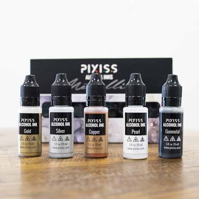 Metallic Alcohol Ink Set - Gold, Silver, Gunmetal, Copper, Pearl with Extreme Shimmer - Large 0.5 Ounce Inks