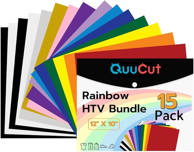 QuuCut Heat Transfer Vinyl Bundle: 15 Pack 12" x 10" Sheets, Rainbow HTV, 13 Assorted Full Matte Color Iron on Vinyl for T-Shirts, Cricut & Silhouette - Easy to Cut & Weed