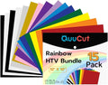 QuuCut Heat Transfer Vinyl Bundle: 15 Pack 12" x 10" Sheets, Rainbow HTV, 13 Assorted Full Matte Color Iron on Vinyl for T-Shirts, Cricut & Silhouette - Easy to Cut & Weed