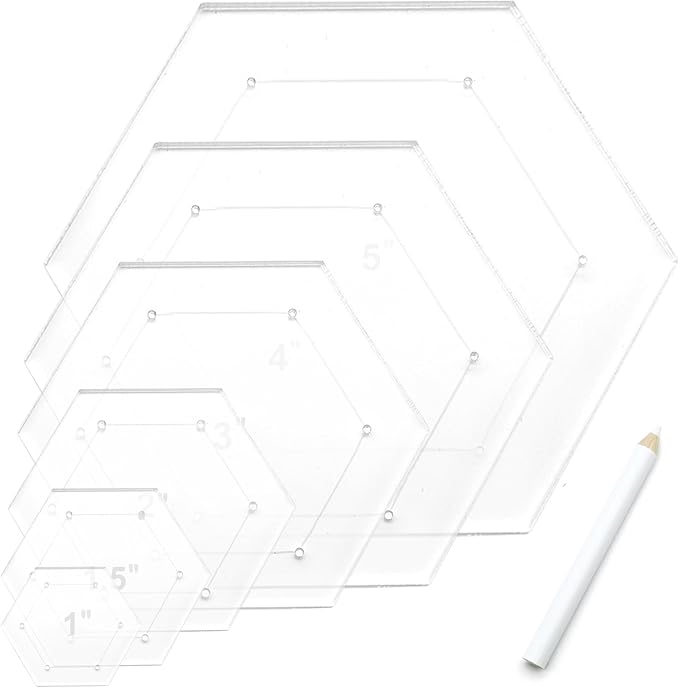 7 Pieces Hexagon Quilting Template with Tailors Chalk Pencil,Acrylic Quilting Rulers Templates with 1/4 Seam Allowance for DIY Sewing Crafts Including 1 Inch,1.5 Inch,2 Inch,3 Inch,4 Inch,5 Inch
