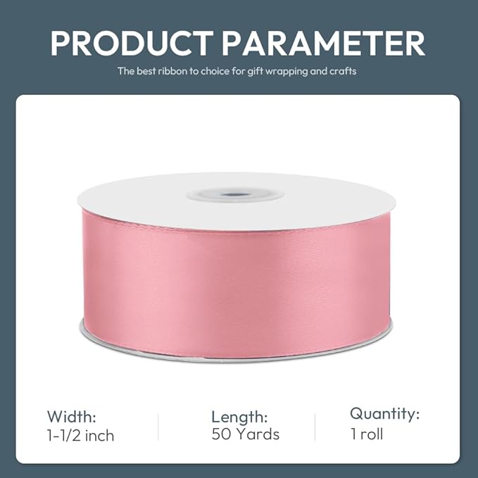 KMER LIFE 1-1/2" Wide x 50 Yards Pink Single Faced Polyester Satin Ribbon, Pink Satin Ribbon Perfect for Wedding Decor, Wreath, Crafts, Gift Wrapping & Other Projects (Pink)