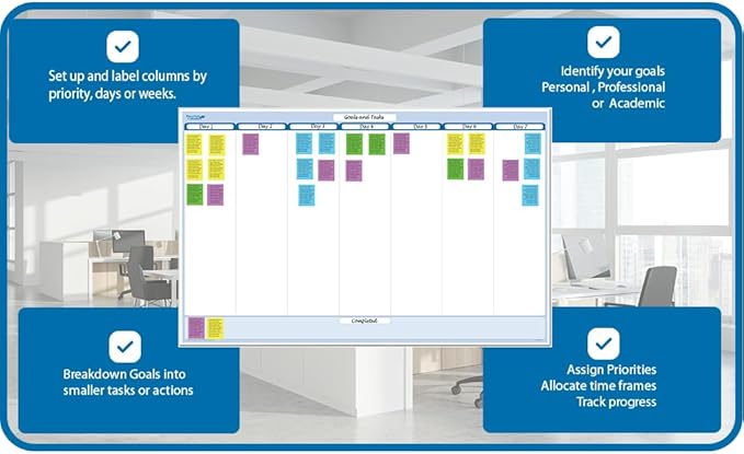 Sky Blue 7-Column Task, Goals & Objective Wall Horizontal Organizer 24" x 36". Complete with Marker
