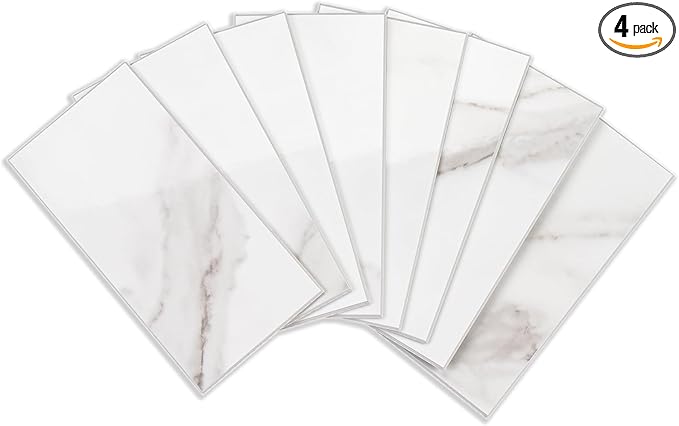 4 Pieces Peel and Stick Backsplash for Kitchen, 3" x 6" PVC Subway Tile 2024 Upgraded Glossy White Marble with White Grout Backsplash Stick on Tile Elevate Kitchen Fireplace RV