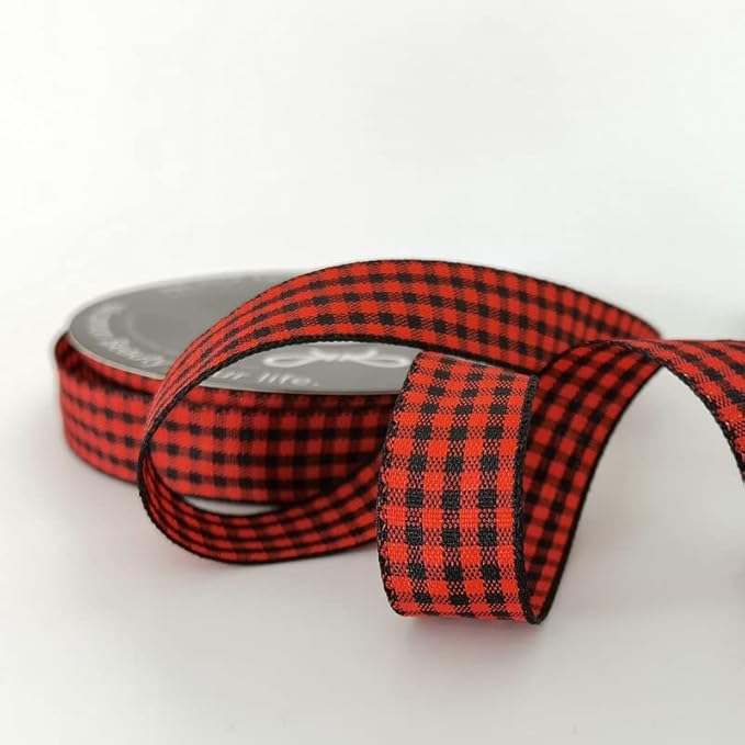 Red and Black Gingham Plaid Checked Ribbon 25 Yards Each Roll 100% Polyester (5/8",BlackRed)