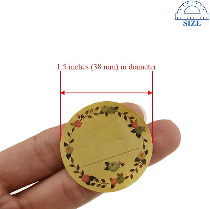 HAHIYO 1.5In 500P Round Natural Brown Kraft Stickers with Vintage Flower Design - 4 Unique Styles Blank Kraft Labels Roll to Write On Durable Dot Stickers for Jar Canning Price Tags Store Organizing