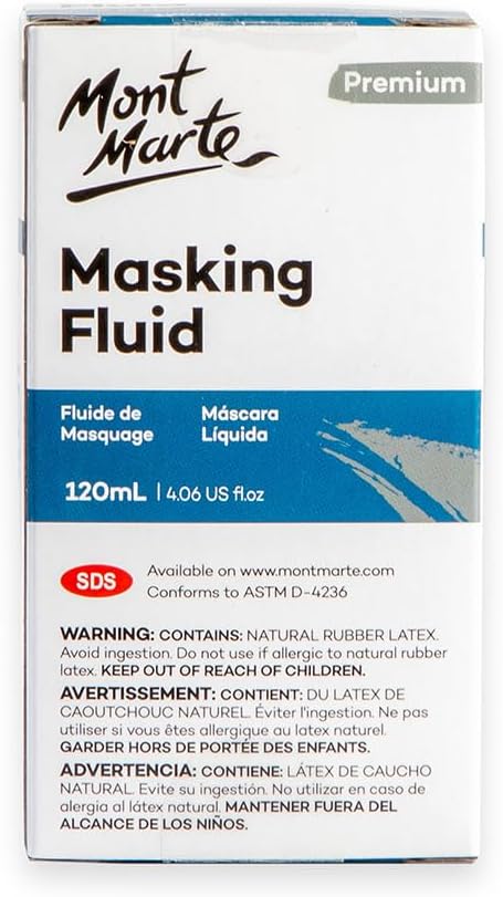 Mont Marte Masking Fluid Premium 120ml (4.06 US fl.oz), Masking Fluid for Watercolor Painting, Keeps Areas Free of Color And Edges Crisp, Resists Watercolor, Ink and Pouring Paint