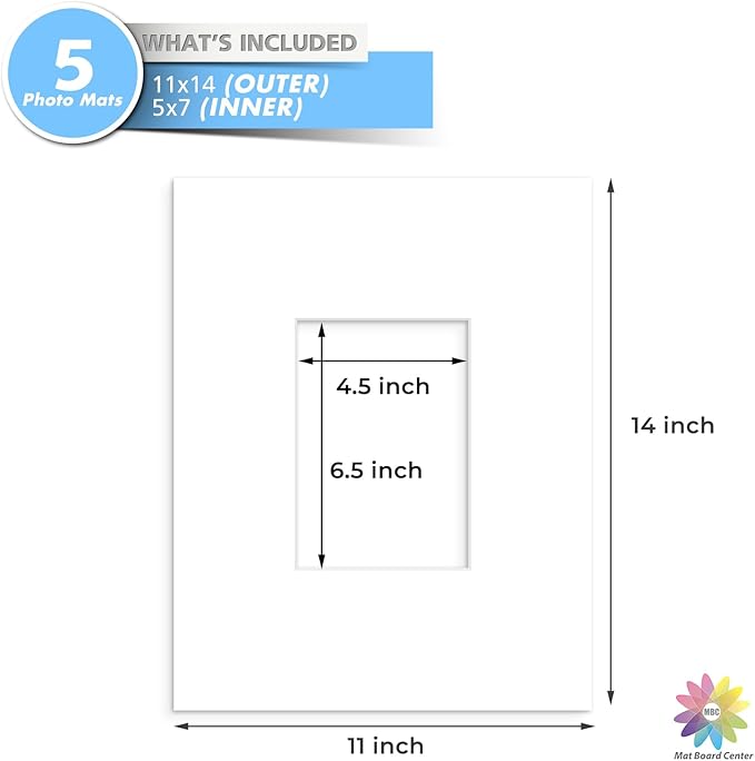 MBC Mat Board Center, 5 Pack 11x14 for 5x7 White Picture Mats Frame Mattes, Bevel Cut, Acid Free, 4-ply Thickness