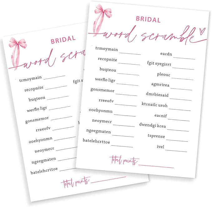 Bridal Shower Games Cards, Bridal Word Scramble, 25 Cards with 1 Answer Card, Engagement Party Games for Guests, Pink Ribbon Bow Wedding Party Supplies - E14