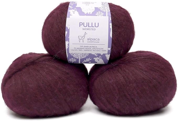 Pullu - Baby Alpaca Merino Wool Yarn Set of 3 Skeins (150 Grams) Worsted Weight - Sourced Directly from Peru - Heavenly Soft and Perfect for Knitting and Crocheting (Plum)