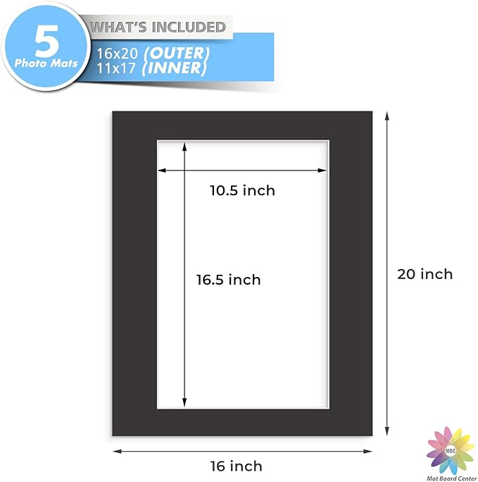 MBC Mat Board Center, 5 Pack 16x20 for 11x17 Black Picture Mats Frame Mattes, Bevel Cut, Acid Free, 4-ply Thickness