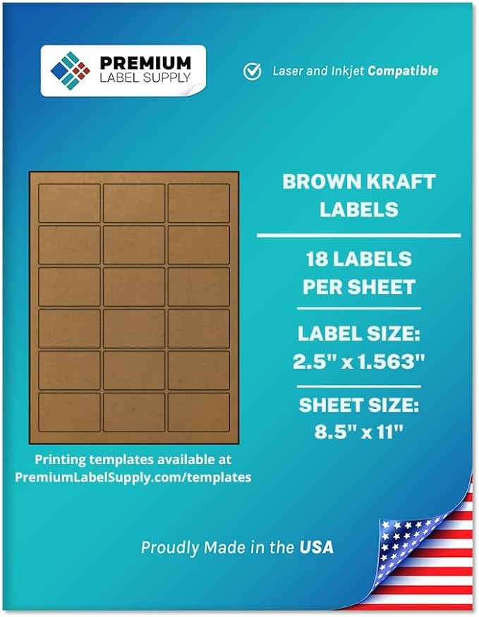 Premium Label Supply Brown Kraft Sticker Labels – 2.5" x 1.563" – Laser/Inkjet Compatible – (18 per Sheet), 100 Sheets – 1,800 Total Adhesive Labels