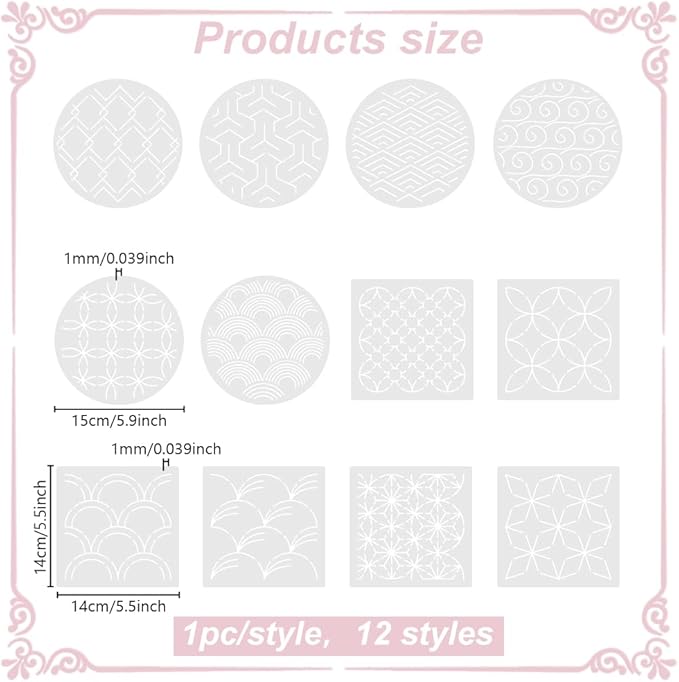 FREEBLOSS Sashiko Stencils - Geometric Embroidery Patterns for Drawing and Hand Quilting - 14x14cm