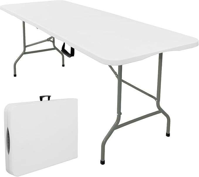 Folding Tables with Carrying Handle Heavy Duty Rectangular Portable Plastic Camping Table Steel Legs for Party, Dining, Wedding, Events, Picnic Indoor, Outdoor (8FT, White)