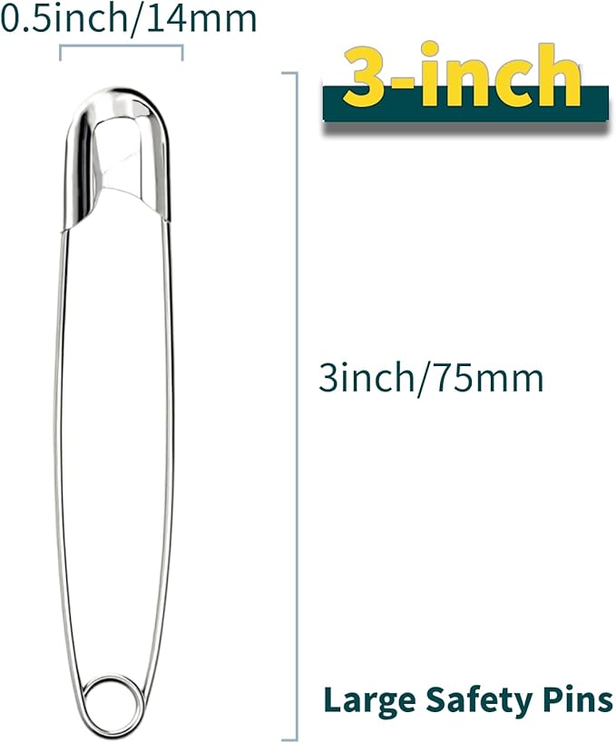 3Inch Extra Large Safety Pins - 100Pcs Heavy Duty Silver Nickel-Plated Steel - Bulk for Sewing, Crafts, Clothing, Decor & Clips