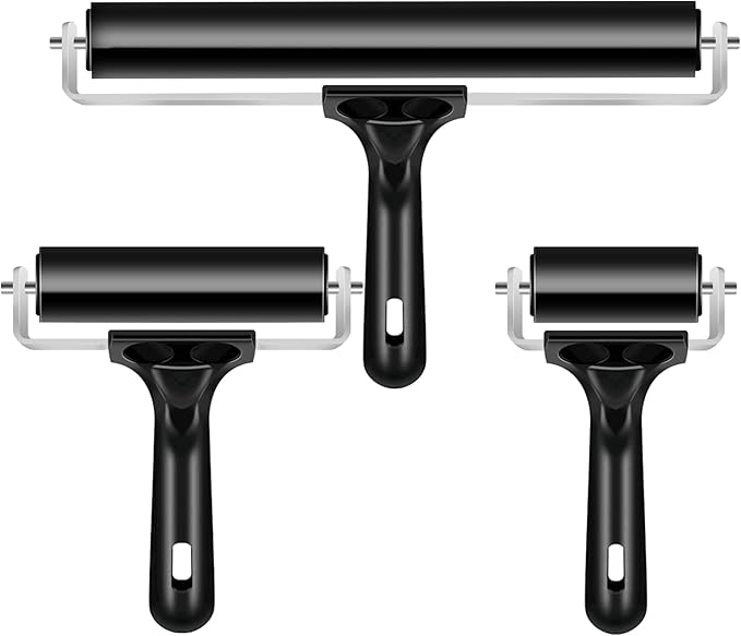 3 Pack Printmaking Brayers - Premium Brayer Rollers for Crafting, Hard Rubber Roller Brayers, Vinyl Roller Ink Paint Brush for Wallpapers Stamping Gluing Application (2.4’’, 4’’, 7.9’’) (Black)
