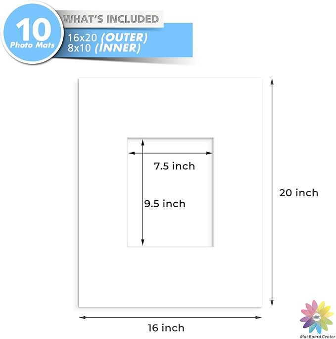 MBC MAT BOARD CENTER, 10 Pack 16x20 for 8x10 White Picture Mats Frame Mattes, Bevel Cut, Acid Free, 4-ply Thickness