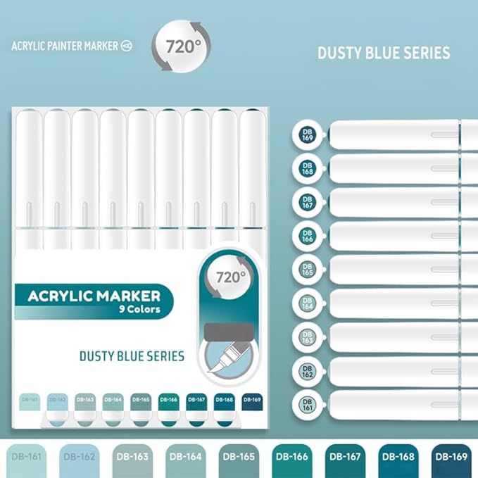 Water Based Acrylic Paint Markers Blue, 9 Colors Acrylic Paint Pens Set with Soft Brush Tip, Marker Pen for Rock Painting, Egg, Wood, Glass, Paper, Mugs, Acrylic Painter Ink (Dusty Blue)