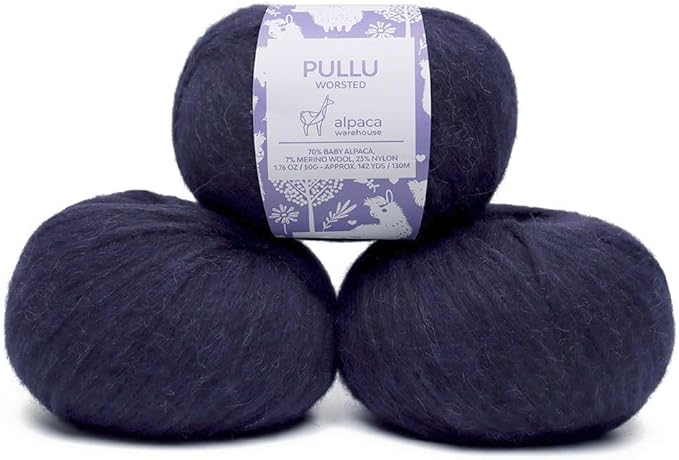 Pullu - Baby Alpaca Merino Wool Yarn Set of 3 Skeins (150 Grams) Worsted Weight - Sourced Directly from Peru - Heavenly Soft and Perfect for Knitting and Crocheting (Navy Blue)