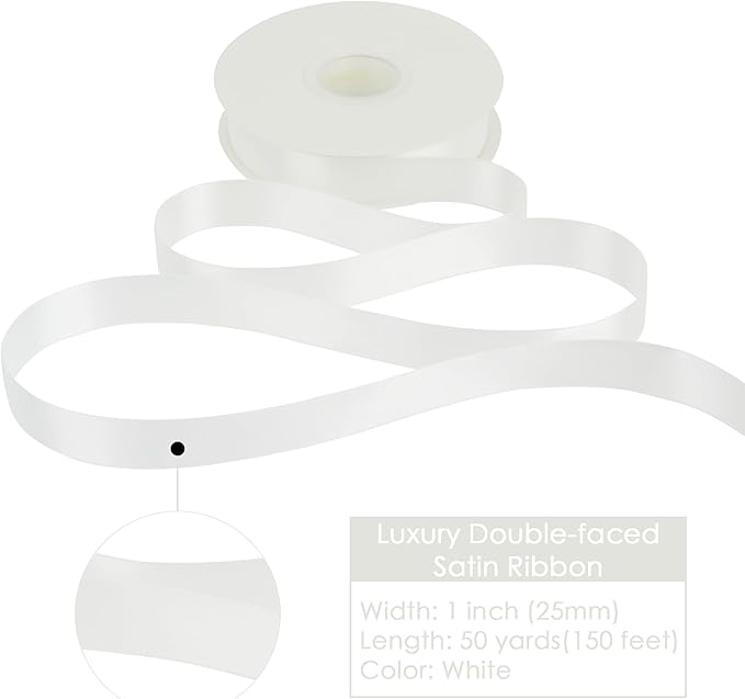 HUIHUANG White Satin Ribbon 1 inch x 50 Yards Double-Faced Polyester Silk Satin Ribbon for Gift Wrapping, Invitations, Hair, Bows Making, Holiday Decor, Flower Bouquet