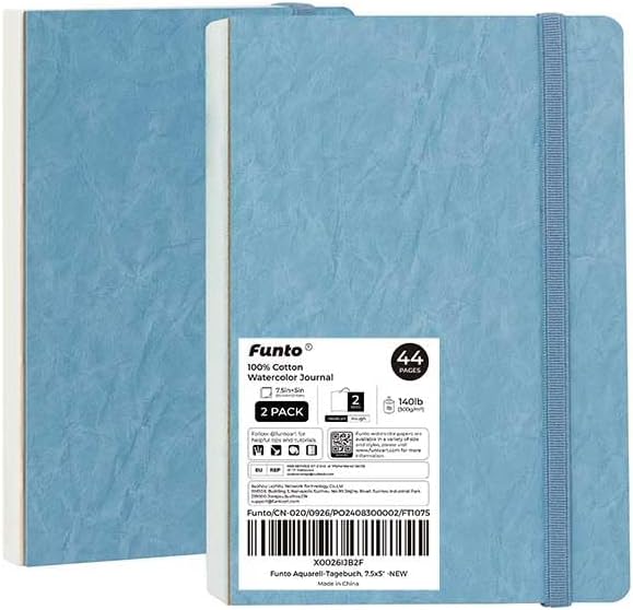 Funto Watercolor Journal, 7.5x5, 2 Packs, 44 Pages Each, Cold-Pressed 100% Cotton, Pearlescent PU Leather Blue Cover, Art Supplies for Mixed Media