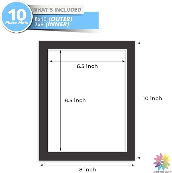 MBC MAT BOARD CENTER, 10 Pack 8x10 for 7x9 Black Picture Mats Frame Mattes, Bevel Cut, Acid Free, 4-ply Thickness