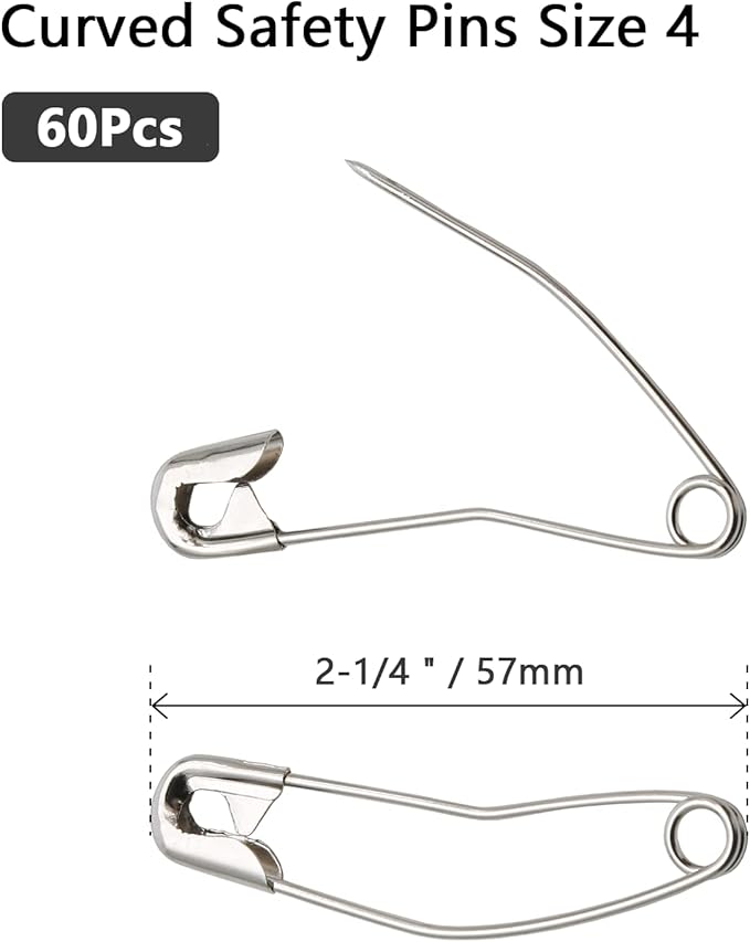 60Pcs Curved Safety Pins Size 4, 2-1/4 inch / 57mm Quilting Basting Pins, Bent Safety Pins for Quilting and Knitting (Sliver)