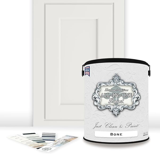 ALL-IN-ONE Paint, Durable cabinet and furniture paint. Built in primer and top coat, no sanding needed. Includes our 30 featured color card - Bone (off white), Gallon