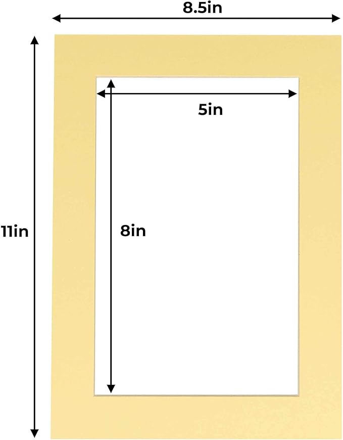 5.5x8.5 Mat for 8.5x11 Frame - Precut Mat Board Acid-Free Soft Yellow 5.5x8.5 Photo Matte for a 8.5x11 Picture Frame, Matboard for Family Photos, Show Kits, Art, Picture Framing, Pack of 100 Mats