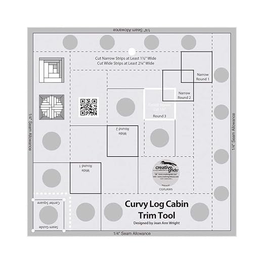 Creative Grids Curvy Log Cabin Trim Tool Quilt Ruler – CGRJAW5 – Made in USA, 8-1/2in x 8-1/2in, Non-Slip Grip Acrylic Quilting, Sewing, Crafting, Patchwork Ruler & Template