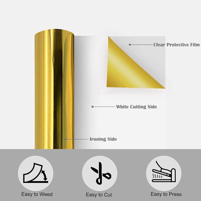 Tvinyl Warehouse Gold HTV Foil Heat Transfer Vinyl Roll 12" x 6FT for T-Shirt, Compatible with All Cutters