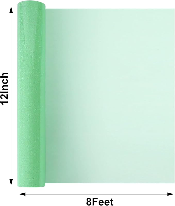FUNKAKA Glitter Fluorescent Light Green HTV Heat Transfer Vinyl Rolls, 12" x 8ft PU Iron on Vinyl for T-Shirts Glitter HTV Vinyl for All Cutter Machines Easy to Cut & Weed for DIY Design