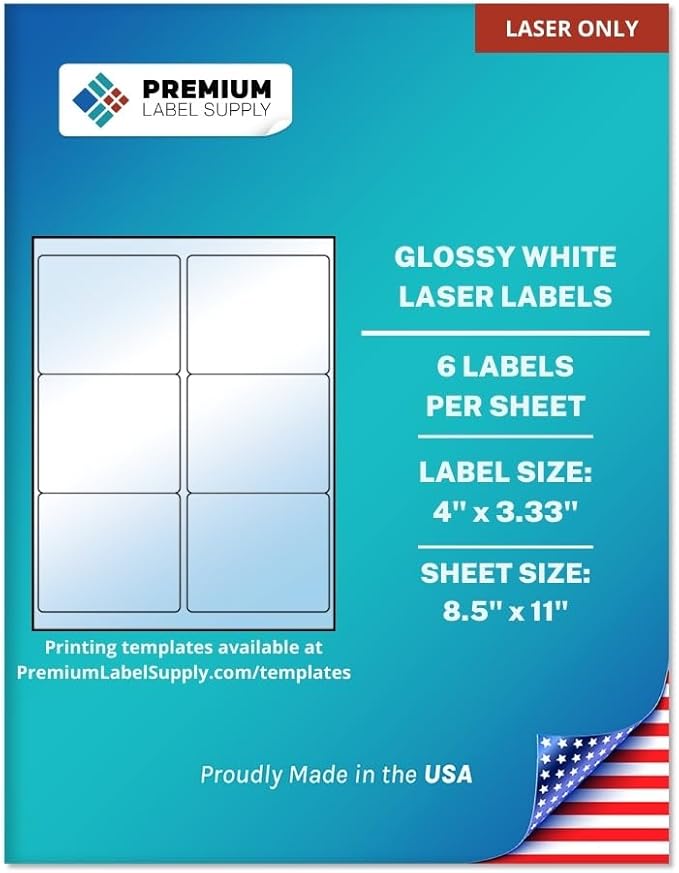 Premium Label Supply Glossy White Sticker Labels – 4" x 3.33" – (6 per Sheet) (Glossy White for Laser Only, 150 Labels)