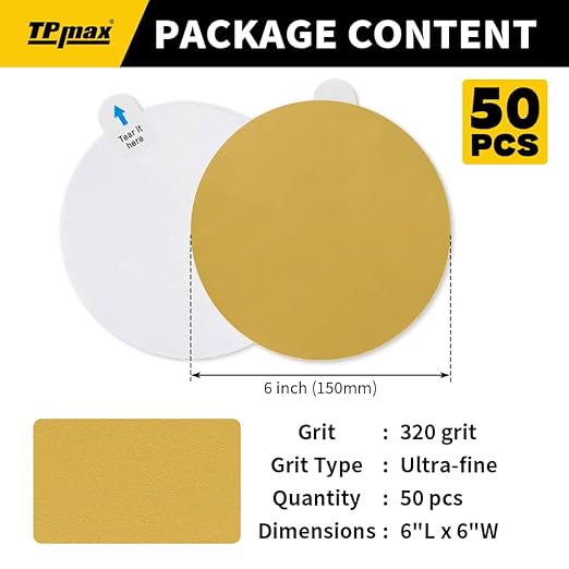6-Inch 320-Grit Gold PSA Sanding Discs, 50 Pack – Pro-Grade Self-Adhesive Stickyback Sandpaper with Quick-Release Tabs for DA Sander, Ultra-Fine Automotive/Wood/Metal Sanding