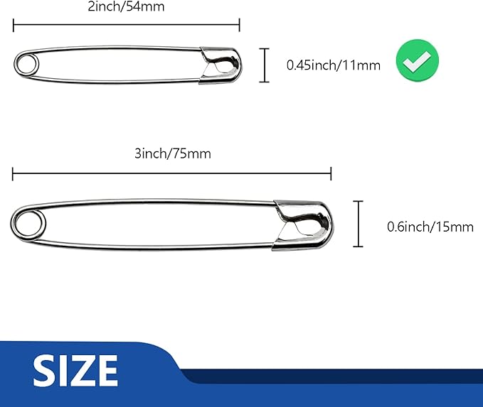 ZIPCCI 2 inch Safety Pins, 200Pcs Large Safety Pins Heavy Duty, Steel Wire