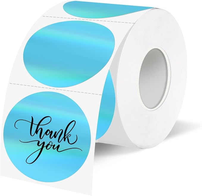 1.5" Holographic Direct Thermal Label Stickers, Round Printable Rainbow Glitter Thermal Printer Sticker Labels for Gift Wrapping, Self-Adhesive DIY Custom Logo Design- Blue
