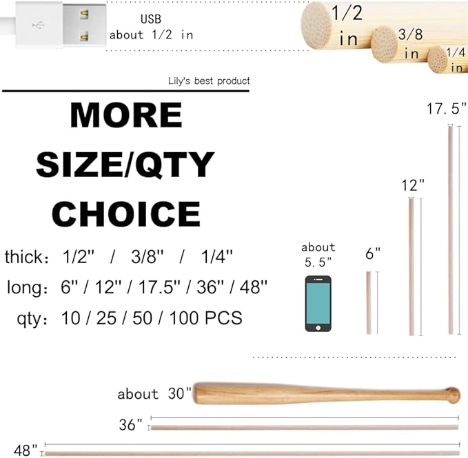 HOPELF 100PCS Dowel Rods - 1/4 x 12 Inch Bamboo Sticks - for Crafts, Cake Dowels and DIYers