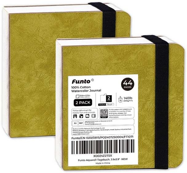 Funto Watercolor Journal 2-Pack, 3.9x3.9, 44 Pages Each,Hot-Pressed 100% Cotton, PU Leather Green Hard Cover, Art Supplies for Mixed Media