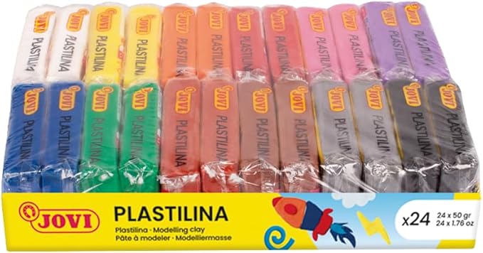 Jovi - Plastilina, 24 Bars of Reusable and Non-Drying Modeling Clay in 12 Assorted Colors, 100% Vegetable-Based, Non-Toxic and Gluten-Free, for Arts & Crafts Projects, Total of 2.64lb