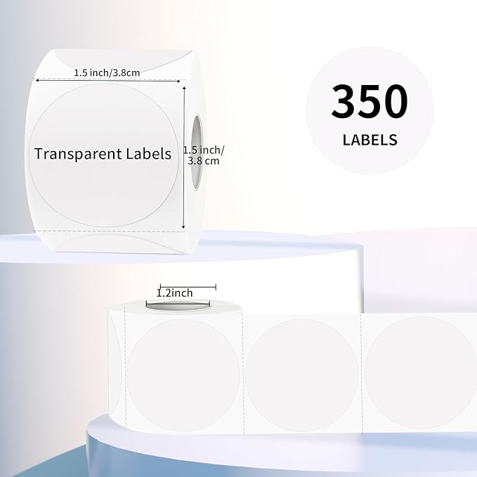 Round Transparent Thermal Label Stickers- 1.5 Inch, Round Clear Self-Adhesive Direct Thermal Labels, Perforation Line Design& Waterproof- 350 Sheets