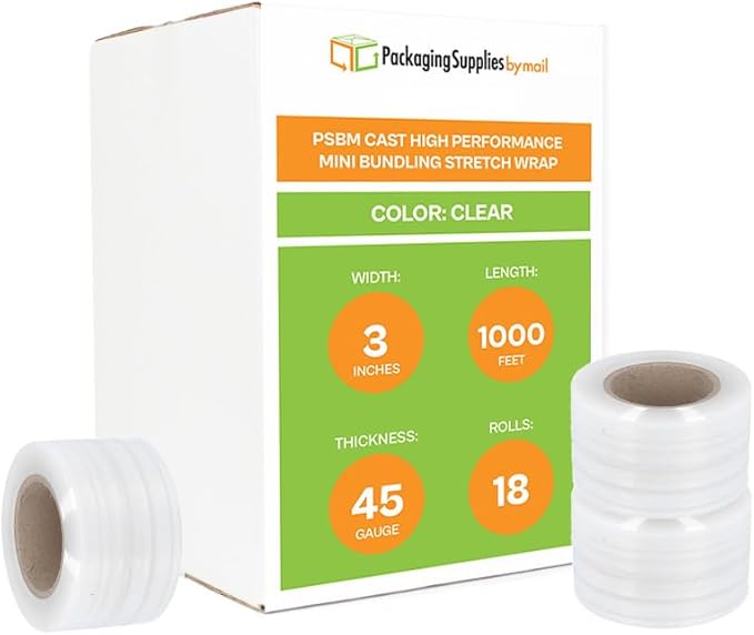 PSBM Mini Stretch Wrap with Handle, 18 Pack, 3 Inch x 1000 Feet, 45 Gauge, Clear High Performance Small Plastic Cling Film for Pallets Moving Storing