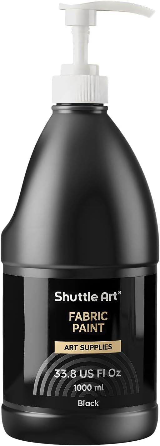 Shuttle Art Black Fabric Paint, 33.8 oz(1000 ml) Large Bottle with Pump, Permanent Fabric Paint for Furniture, Sofa, Cushions, Clothes, Soft Non-Toxic Textile Paint for Color Changing, Renewal & Art Creations