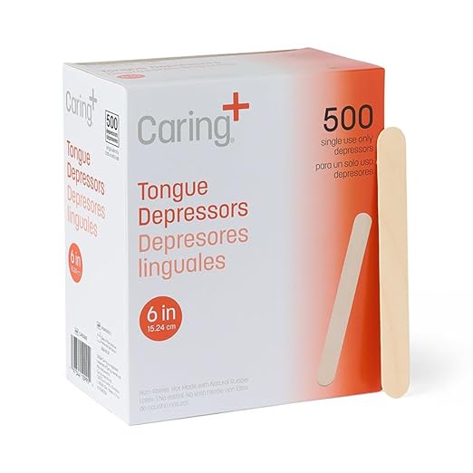 Caring Wood Tongue Depressors, Standard 6 Inch Length, Non-Sterile, High-Quality Wood, Unflavored, Splinter-Free, Versatile for Medical, Beauty, Arts, Crafts, and More - 500 Count Box