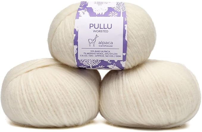 Pullu - Baby Alpaca Merino Wool Yarn Set of 3 Skeins (150 Grams) Worsted Weight - Sourced Directly from Peru - Heavenly Soft and Perfect for Knitting and Crocheting (Ivory)