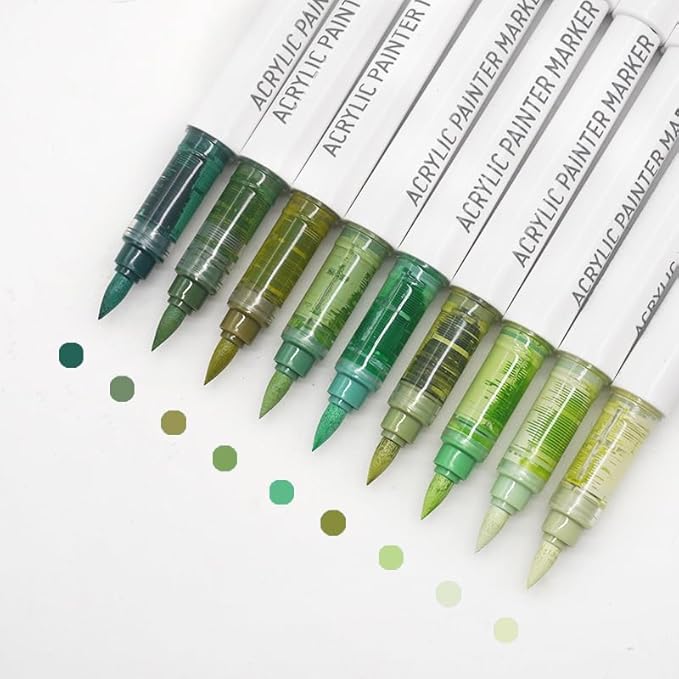 Water Based Acrylic Paint Markers Green, 9 Colors Acrylic Paint Pens Set with Soft Brush Tip, Marker Pen for Rock Painting, Egg, Wood, Glass, Paper, Mugs, Acrylic Painter Ink (Sage Green)