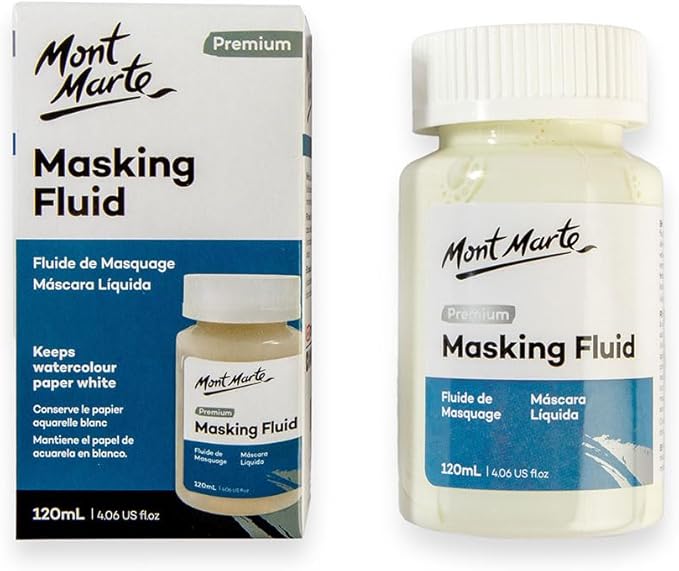 Mont Marte Masking Fluid Premium 120ml (4.06 US fl.oz), Masking Fluid for Watercolor Painting, Keeps Areas Free of Color And Edges Crisp, Resists Watercolor, Ink and Pouring Paint