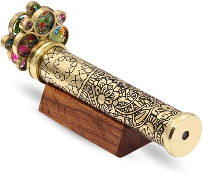 RII Handcrafted Etched Floral Pattern Lacquered Brass Kaleidoscope Includes Two Separate Turning Wheels-A Unique Gift to My Son, Grandson, Daughter. (6.5"x1")